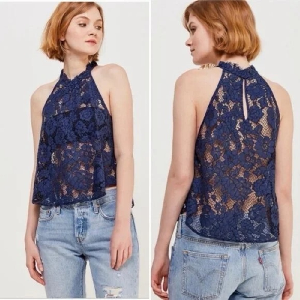Nwot Free People Women's Navy Sweet Meadow Floral‎ Lace Halter Top, Size Small
